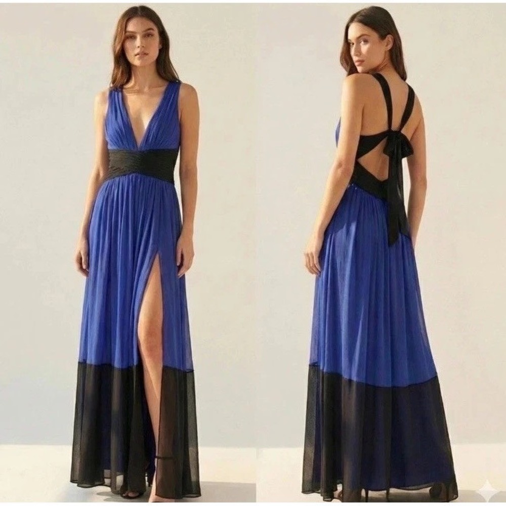 BCBGMaxAzria Catarina Silk Chiffon Colorblock Maxi Evening Gown Open Back Bow 6